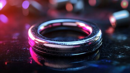 A close-up view of a shiny metallic ring on a reflective surface with colorful lights in the background