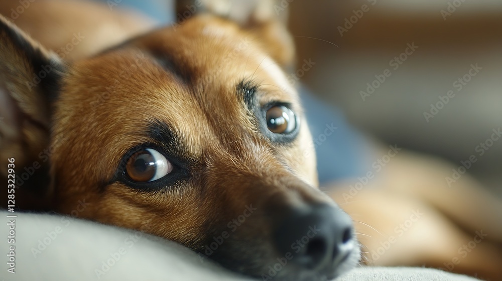Poster adorable close up of a relaxed dog lying on a couch with gentle light : generative ai