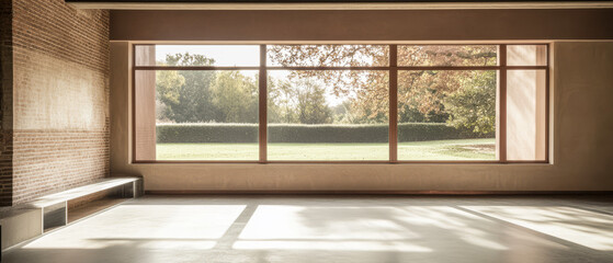 Natural light fills a spacious room with large windows overlooking a tranquil landscape