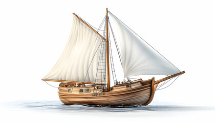 Obraz premium Wooden sailboat sailing on calm sea, white background
