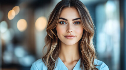 Fototapeta premium A confident female nurse in a sleek, gorgeous uniform stands tall, embodying professionalism and elegance. The blurred professional background accentuates her graceful presence in a modern setting