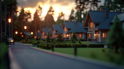 Fototapeta premium Tranquil suburban neighborhood at sunset, showcasing illuminated homes and serene streets