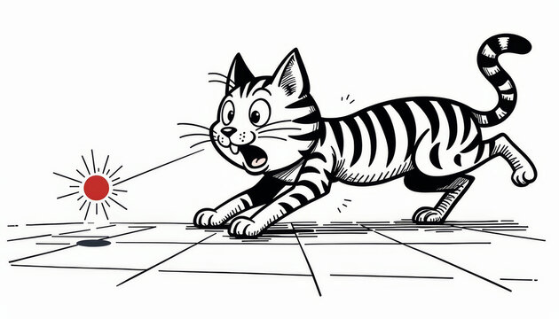 Animated striped cat is chasing a red laser pointer dot