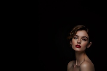 Fototapeta premium Fashionable woman with red lipstick and short hair on black background with copy space