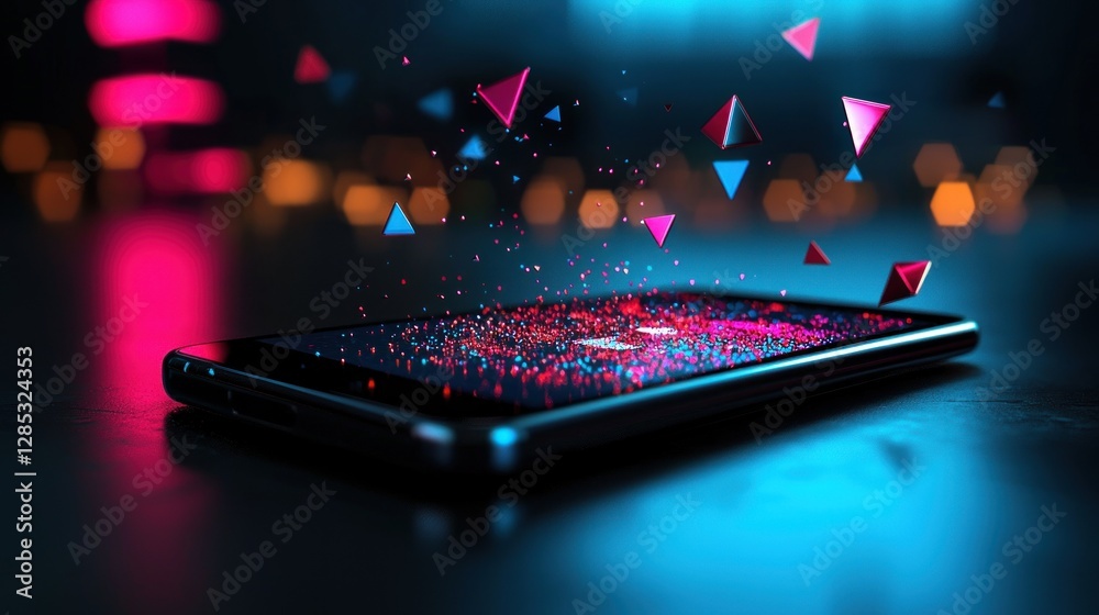 Wall mural vibrant smartphone displaying floating geometric shapes in a colorful digital environment