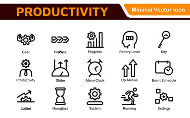 Productivity and Efficiency Icons Collection. Vector Icons for Task Management, Time Optimization, Work Process, and Goal Achievement
