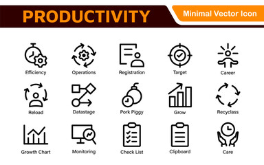 Productivity and Efficiency Icons Collection. Vector Icons for Task Management, Time Optimization, Work Process, and Goal Achievement