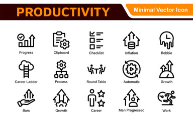 Productivity and Efficiency Icons Collection. Vector Icons for Task Management, Time Optimization, Work Process, and Goal Achievement