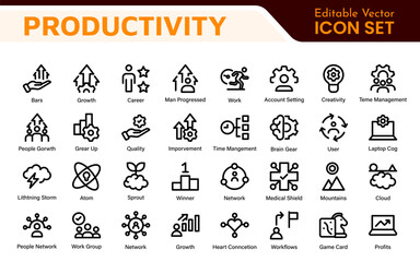 Productivity and Efficiency Icons Collection. Vector Icons for Task Management, Time Optimization, Work Process, and Goal Achievement