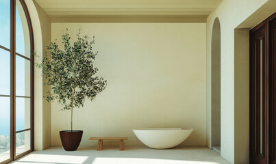 Spa-like interior with serene view and natural elements during daytime hours