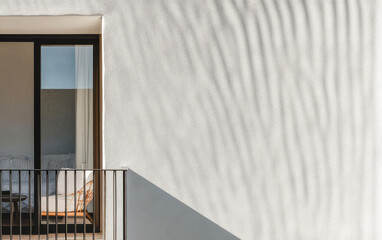 Light and shadow play on a textured wall of a modern apartment with a balcony