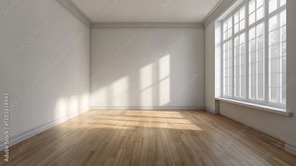 Aufkleber spacious empty room with natural light streaming through large windows illuminating wooden floors : 
