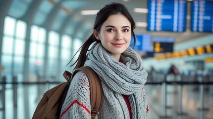 Fototapeta premium A young woman with a warm smile, wearing a cozy sweater and scarf, standing at an airport terminal with flight information displays in the background, ready for travel in winter