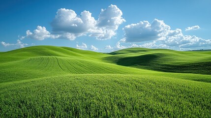 Fototapeta premium Rolling Hills, Green Fields, Sunny Sky