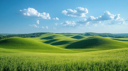 Fototapeta premium Rolling Hills, Green Field, Sunny Sky