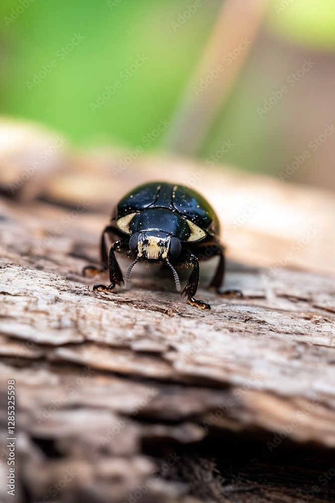 Aufkleber close-up of a black and yellow beetle crawling on tree bark in nature : generative ai
