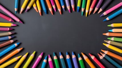 Fototapeta premium Colorful Pencils Border on Dark Gray Background for Business Designs