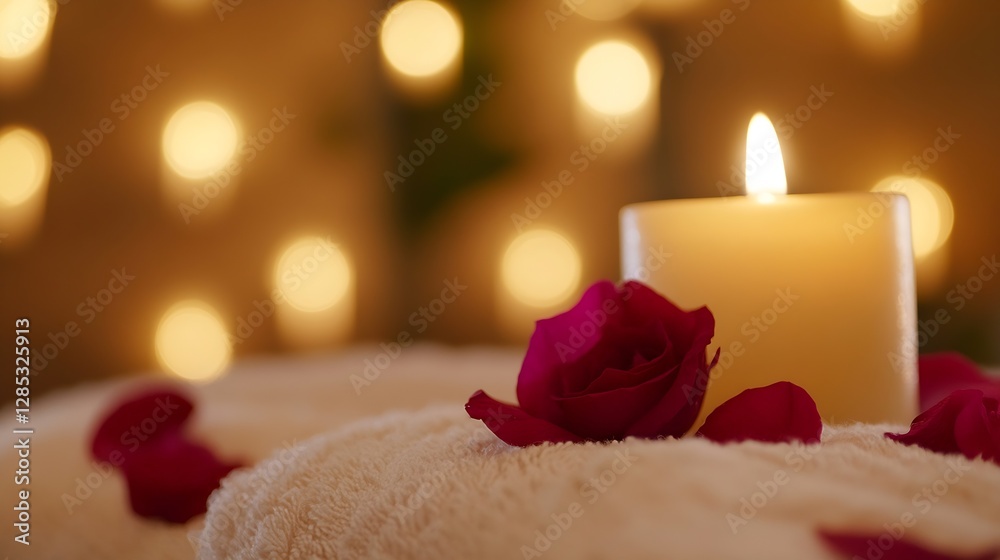 Aufkleber soothing spa setting with rose petals and soft candlelight in warm glow : generative ai