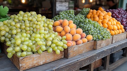 A market stall displays fresh green grapes, apricots, and kiwi.