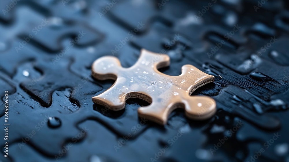 Aufkleber close up view of a single jigsaw puzzle piece with water droplets on a black background : generative