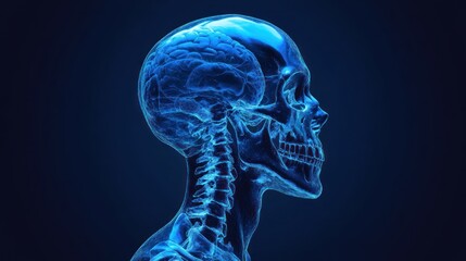 Transparent human skull and brain illustration against a dark background, showcasing anatomy