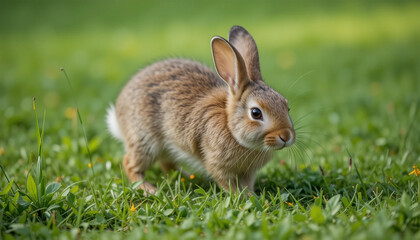 Fototapeta premium Small Rabbit in Sunlit Grassy Field