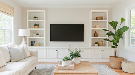 Modern Living Room Design Featuring Large Window, Plants, and Minimalist Decor in a Bright and Inviting Space