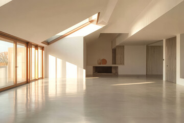 Natural light floods a spacious modern interior with minimalist design and sleek finishes