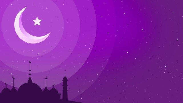 A mesmerizing deep purple night sky with a luminous crescent moon and mosque silhouette, evoking peace, faith, and spiritual reflection.