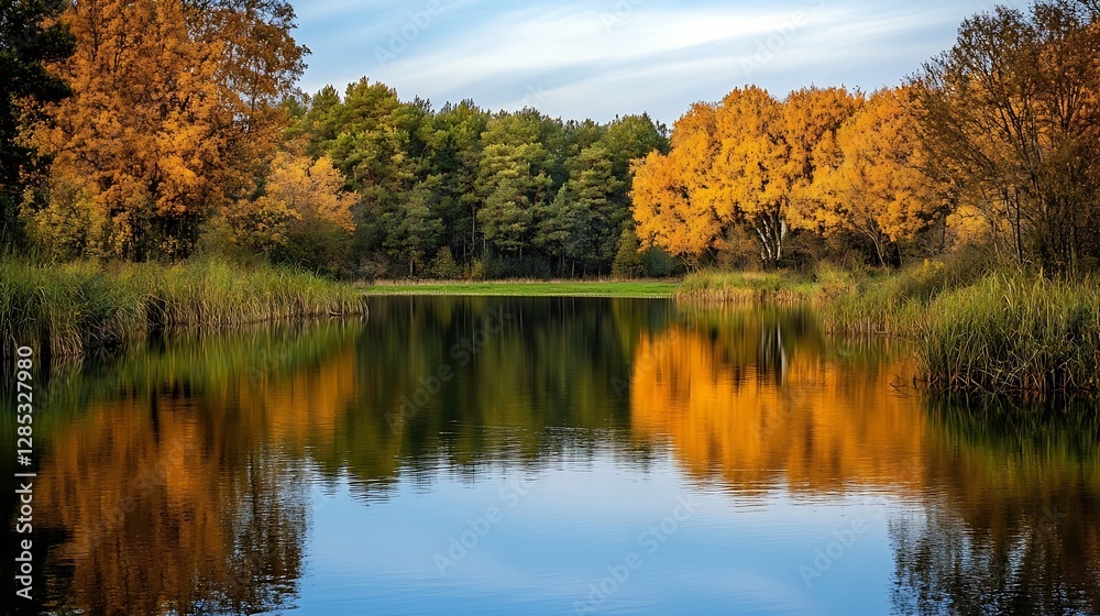 Poster stunning autumn reflections on a calm lake surrounded by colorful trees : generative ai
