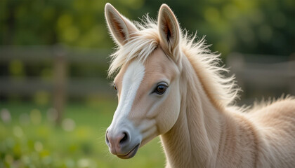 Fototapeta premium portrait of a horse, Close-up of a Young Palomino Foal in a Pasture