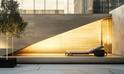 Modern outdoor lounge area featuring minimalist design and warm lighting in urban setting