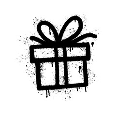 Gift box with bow hand painted with black spray paint in graffiti style