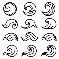 Fototapeta premium This image features a set of diverse, minimalist black line art icons depicting various ocean waves.