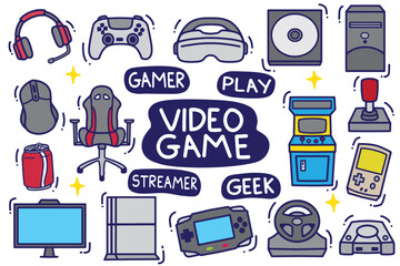 set of gamer doodle with color good for background, wallpaper, element design, icon, etc © angga