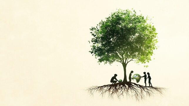 Students engaging in tree planting, roots connecting to a globe, highlighting environmental education and global unity efforts