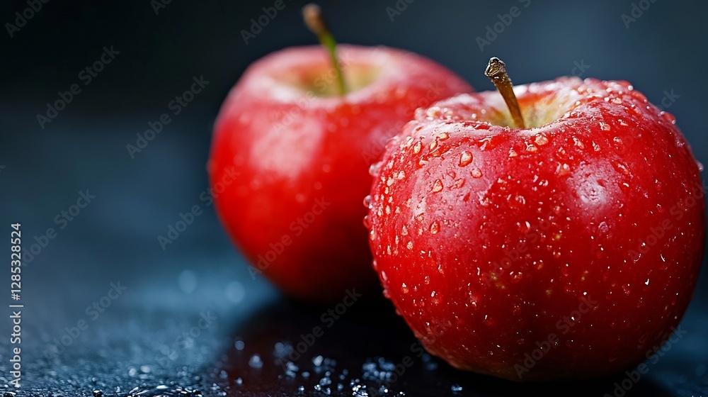 Poster fresh juicy red apples with water droplets on a dark background : generative ai