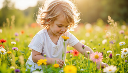 Child picking vibrant flowers in a sunlit meadow, innocence and joy