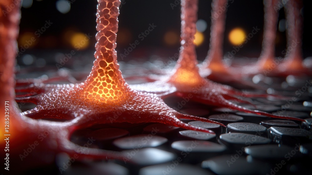 Wall mural close-up view of vibrant red cellular structures illuminating a textured surface at night