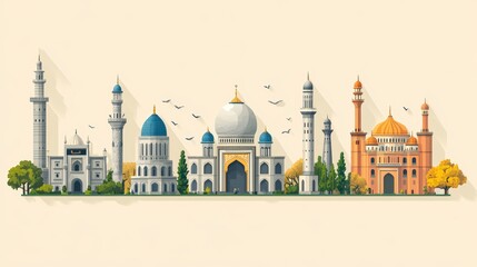 Fototapeta premium Flat Vector Illustration of Diverse Religious Buildings and Culture