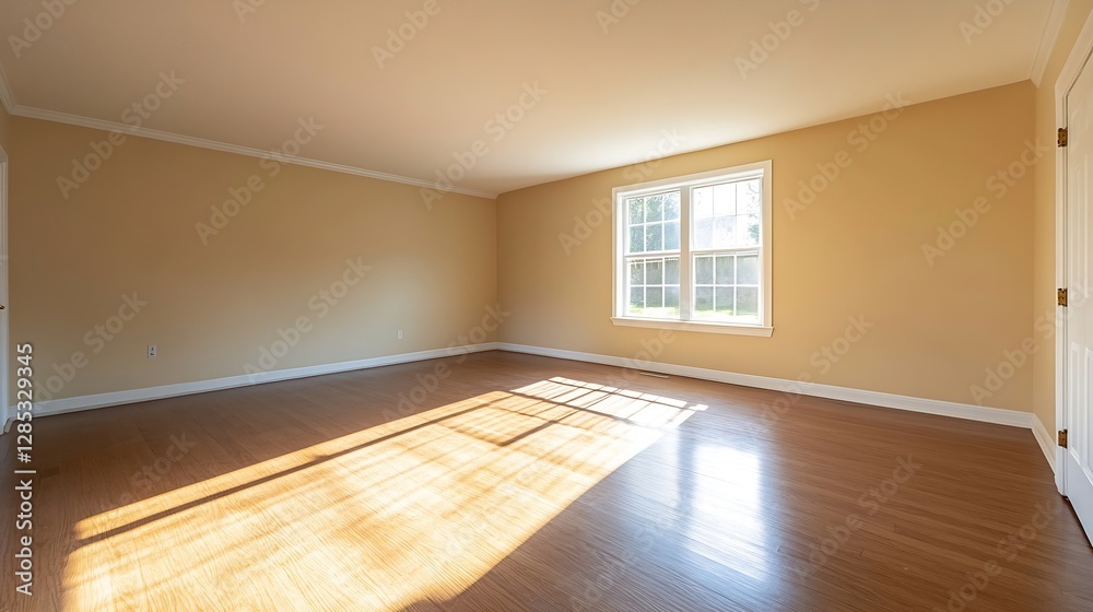 Aufkleber sunlit empty room with wooden floors and large windows showcasing warm ambiance : generative ai