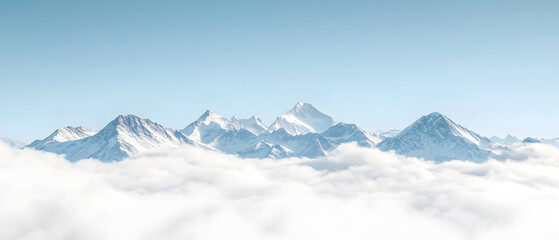 Majestic mountain range peaks rise above sea of fluffy clouds under clear blue sky, creating breathtaking and serene landscape
