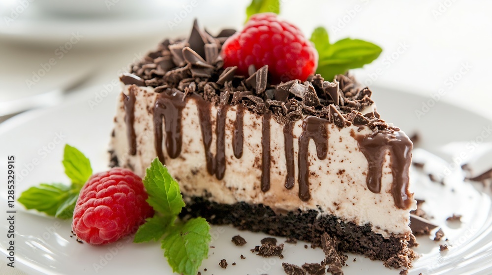 Poster decadent chocolate raspberry dessert with mint garnish deliciously presented : generative ai
