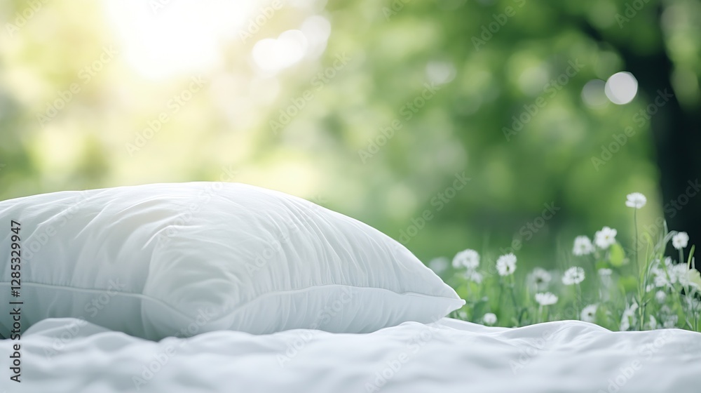 Aufkleber serene pillow resting on soft bedding surrounded by vibrant green nature : generative ai