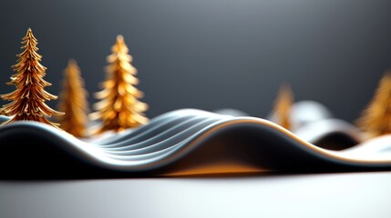 Golden trees on a wavy surface with a soft gradient background, creating a serene atmosphere