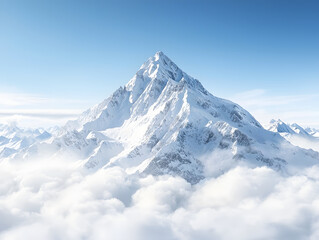 Naklejka premium Majestic alpine peak towering above sea of white clouds under clear blue sky, showcasing beauty of nature grandeur and serenity