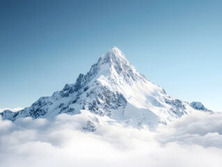 Majestic alpine peak towering above sea of white clouds, showcasing stunning snow covered slopes and clear blue sky. breathtaking natural landscape