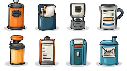 Cartoon Illustrations Of Various Office And Vending Machines