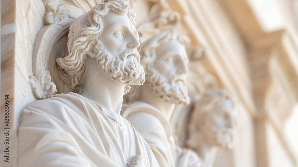 Poster Close-up view of ancient sculptures depicting historical figures with intricate details and expressions : Generative AI
