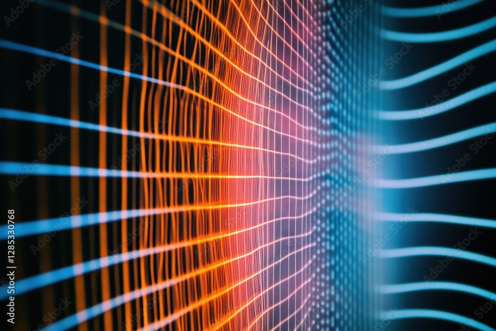 Poster light trails create an abstract grid pattern on a dark background at night, light trails moving on g